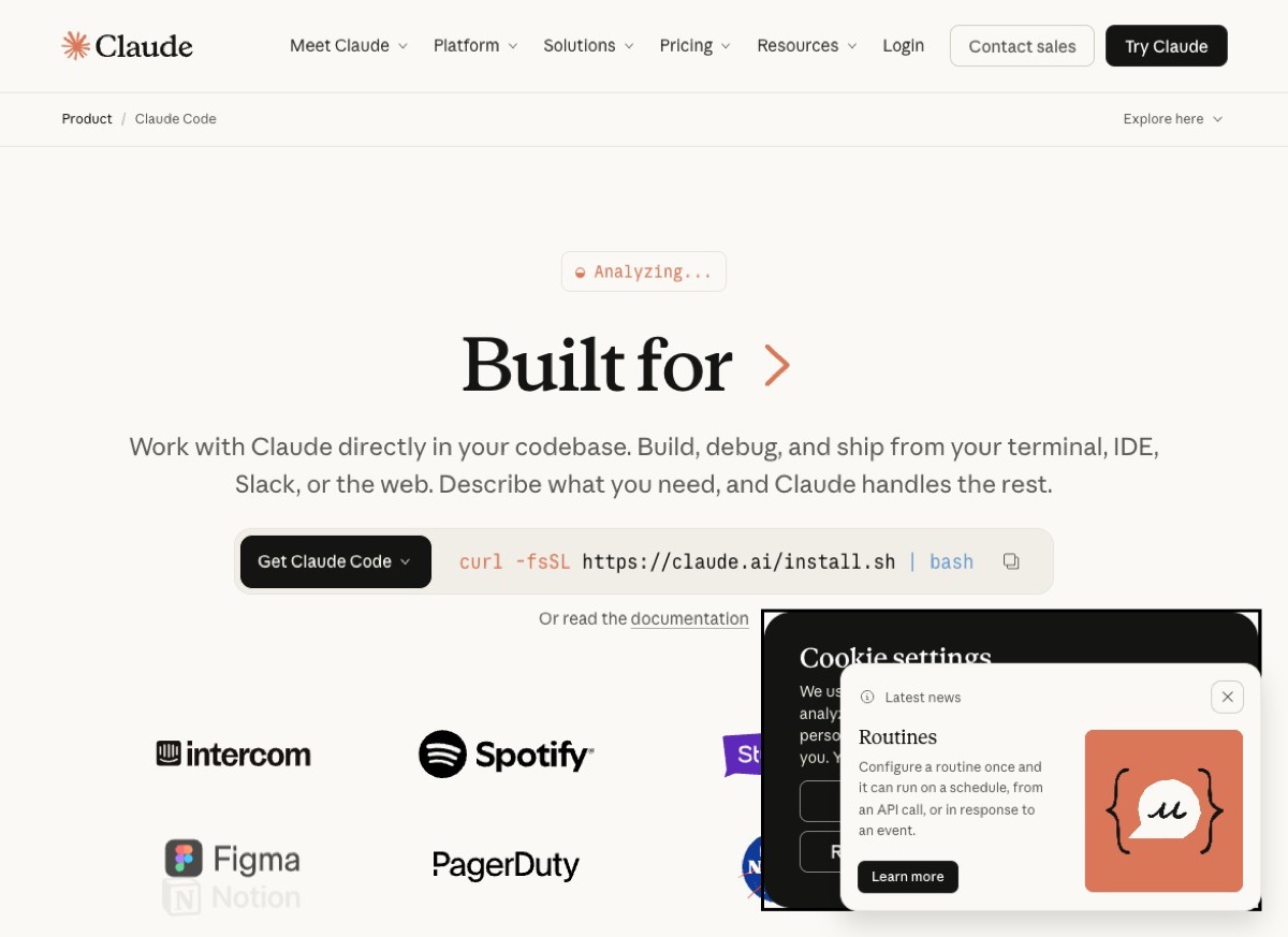 Claude Code product page showing installation via terminal with the tagline Built for. Work with Claude directly in your codebase