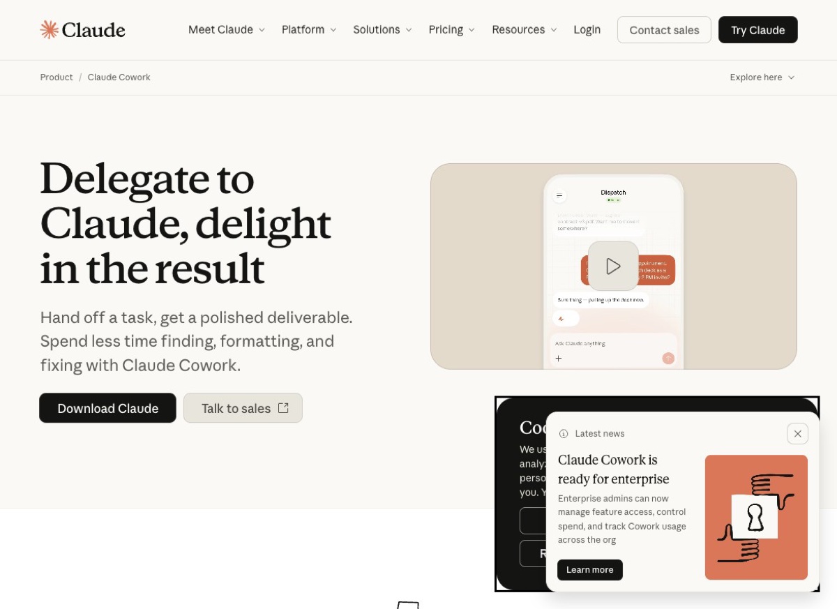 Claude Cowork product page by Anthropic with the tagline Delegate to Claude, delight in the result