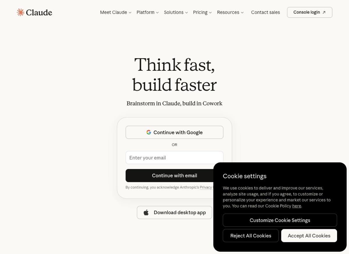 Claude by Anthropic homepage with tagline Think fast, build faster